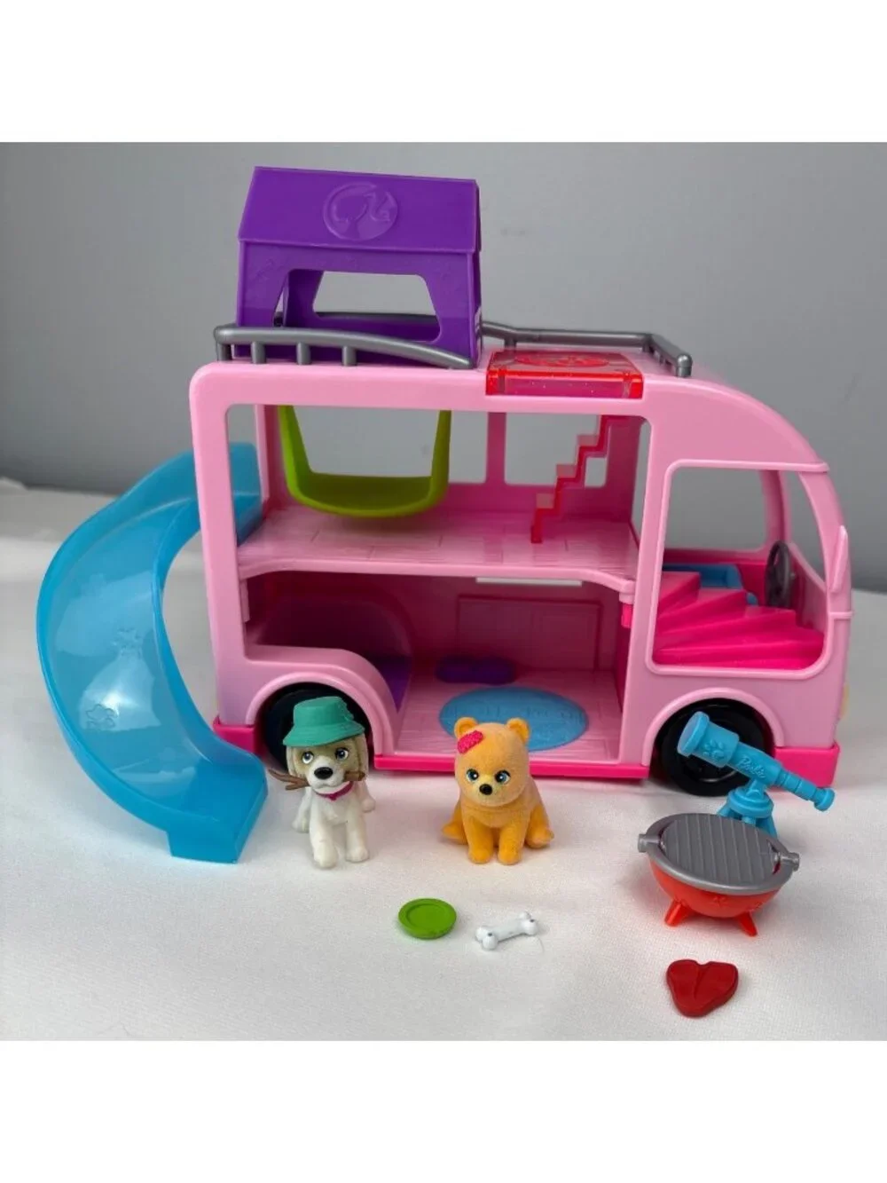 Barbie Pet Camper Playset w/ Accessories Figures Pink Slide Grill Pup Fun
